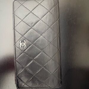 CHANEL Black Quilted Leather Long Wallet with Silver CC Emblem